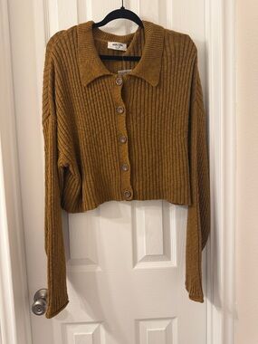 Double Zero Cropped Ribbed Button-Up Cardigan in Mustard Brown Size Large